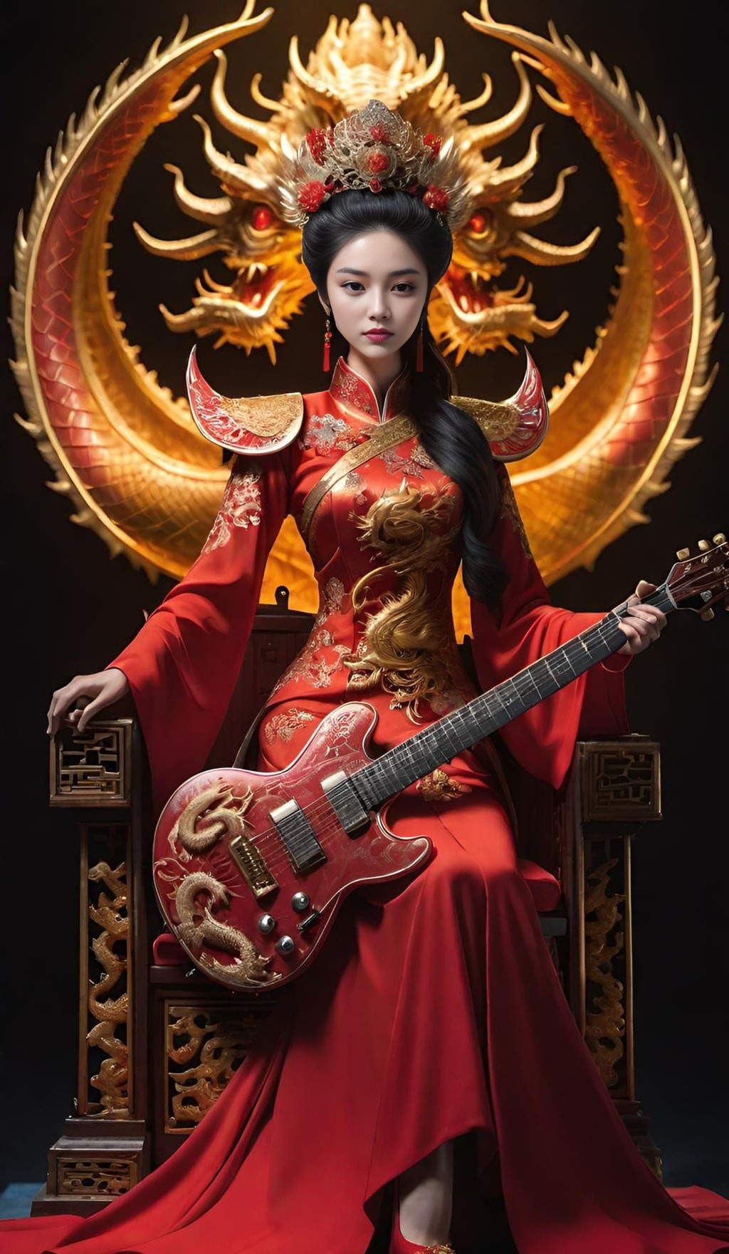 in a red dress holding a guitar