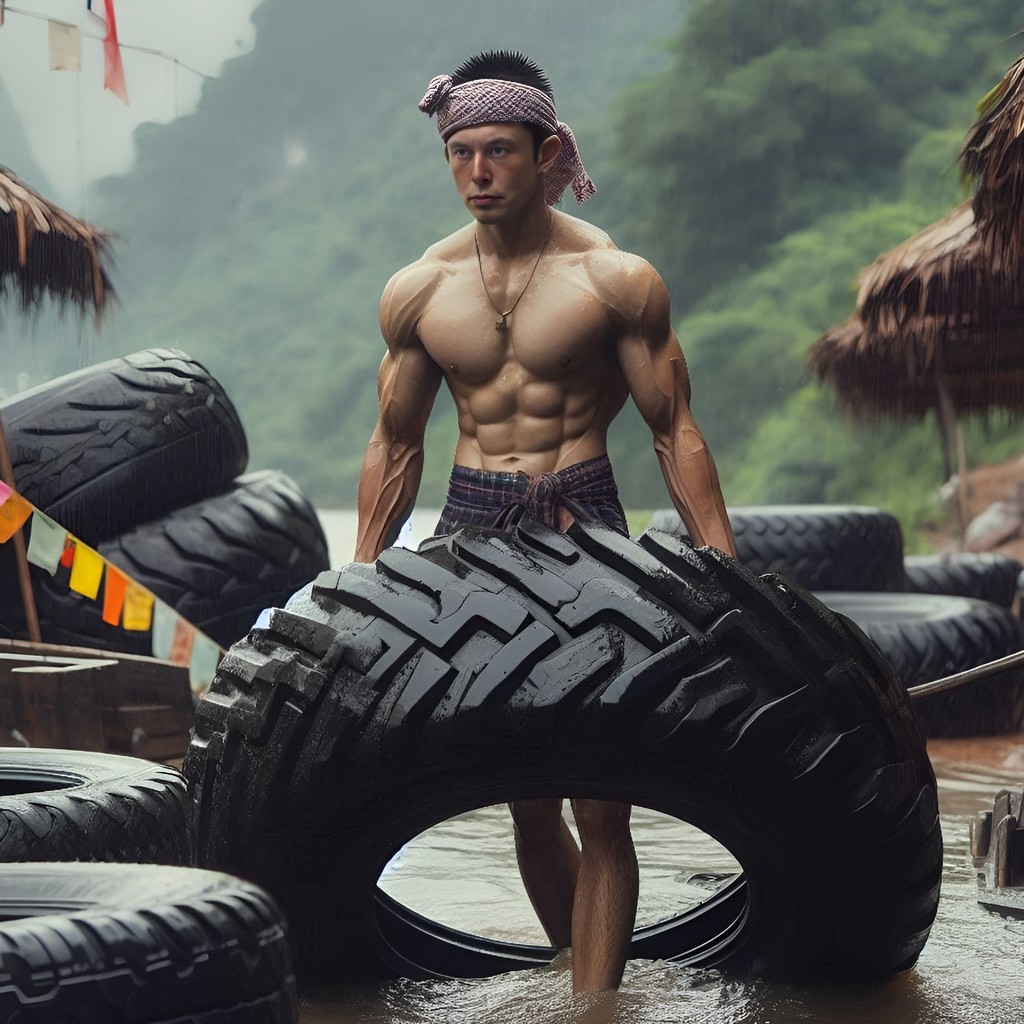 Um corpo sem camisa está em pé na água com pneus grandes.