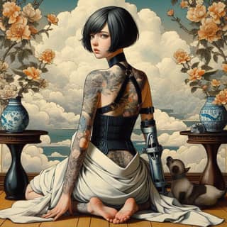 with tattoos sitting on a chair with flowers