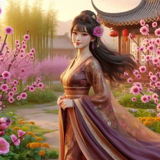 woman in an oriental dress is standing in front of a garden