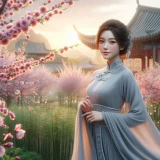 woman in a traditional chinese dress is standing in front of a cherry blossom