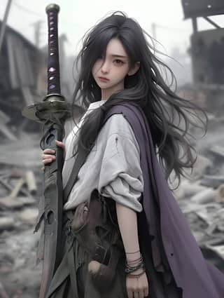 a girl with long black hair holding a sword