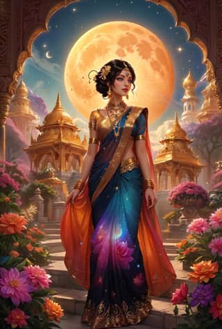 indian woman in a sari standing in front of a full moon