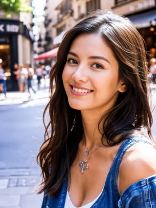 with long brown hair and a blue top