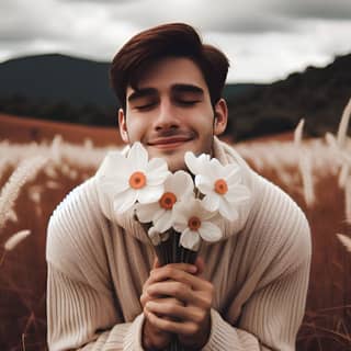 Un hombre está en un campo sosteniendo flores.