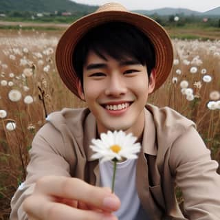 a smiling holding a daisy in a field