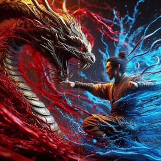 the dragon and the man are fighting each other