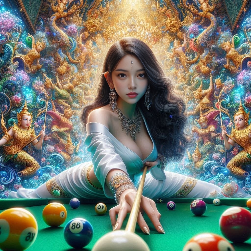 Seorang wanita sedang bermain biliar dengan bola.