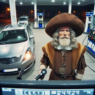 in a costume holding a gas pump