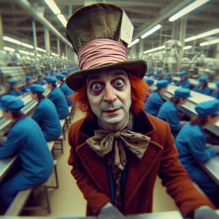 in a hat and suit standing in a factory