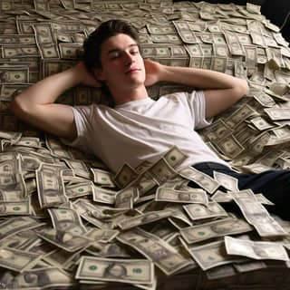 laying on a bed of money