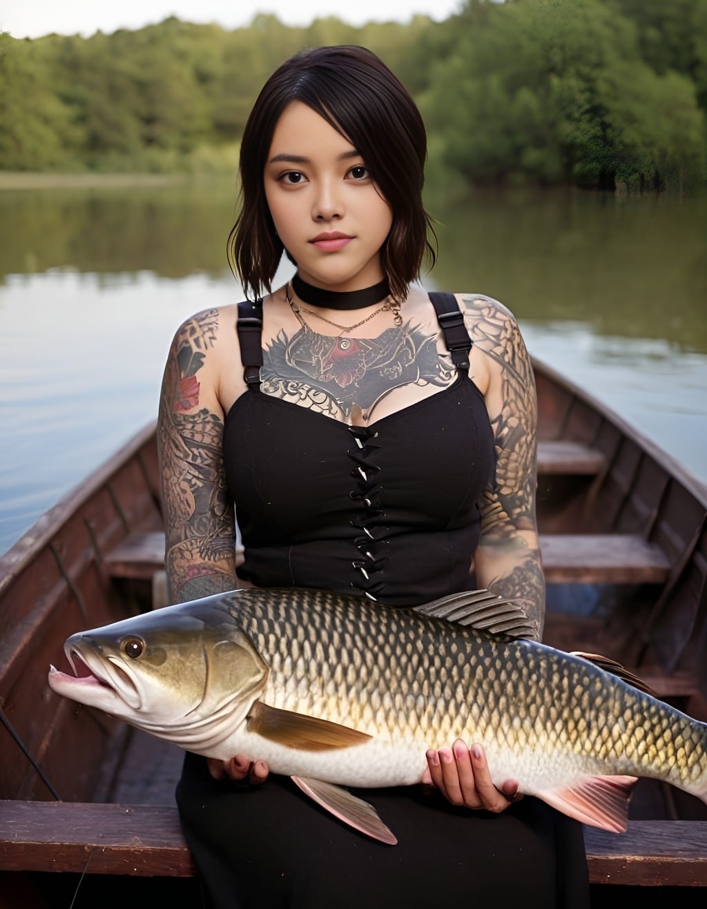 with tattoos holding a fish in a boat