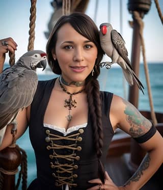 Eine Person hat Tattoos und einen Papagei auf ihrer Schulter.