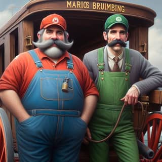 two mario bros are standing next to a train