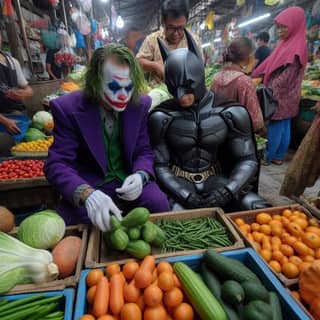 two people dressed as the joker and batman at a market