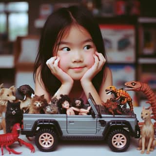 girl is posing with toy cars