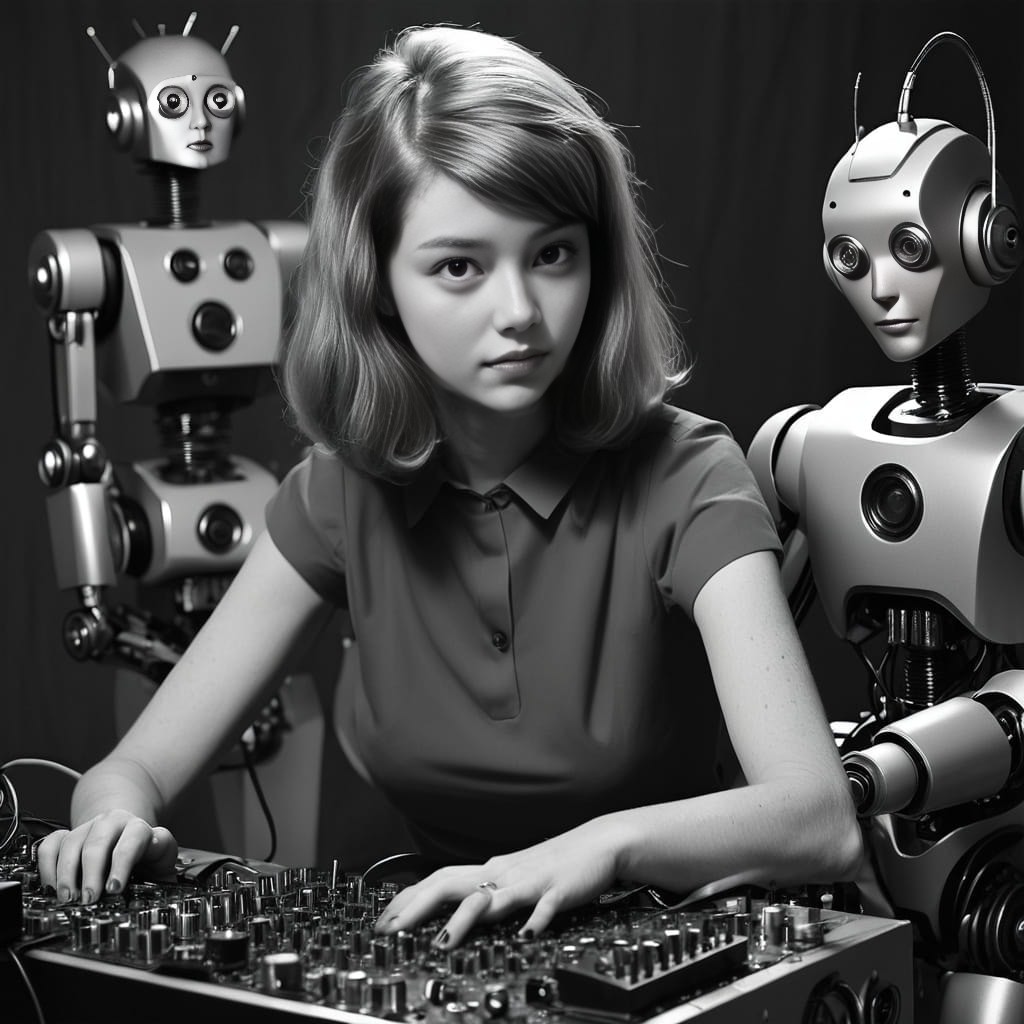 with a robot behind her and a robot behind her