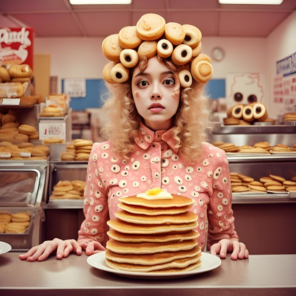 with a stack of pancakes on her head