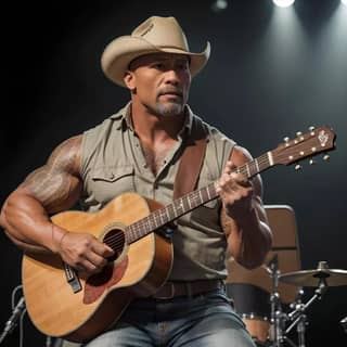 the rock is playing guitar in a cowboy hat