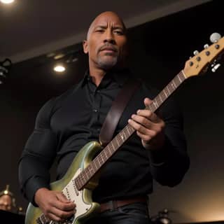 the rock is playing a guitar in a recording studio