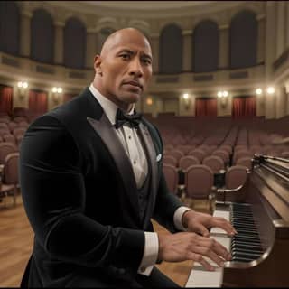 the rock playing the piano in a concert hall