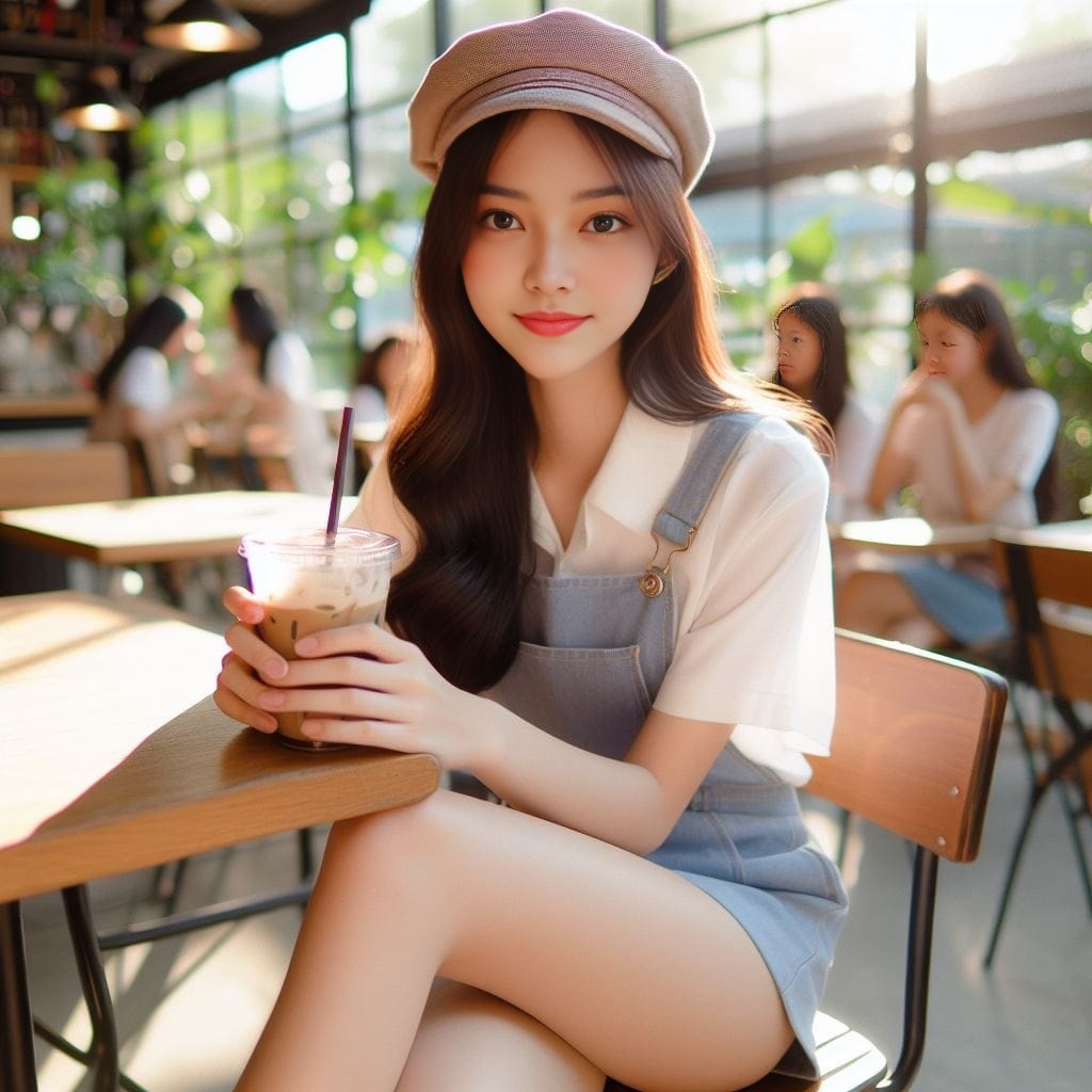 in a hat and overalls sitting at a table