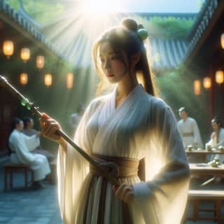 woman in a traditional chinese dress holding a sword