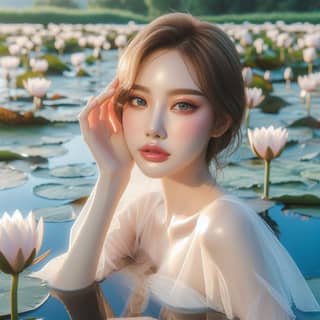 woman in a white dress is floating in a pond of water lilies