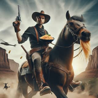 a cowboy riding a horse with a plate of spaghetti