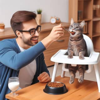 feeding a cat in a high chair