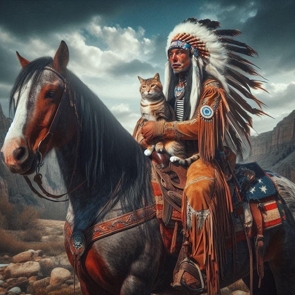 an indian chief is riding a horse with a cat