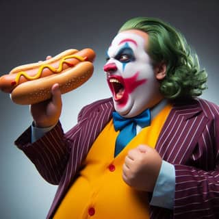 Un clown vestito da Joker tiene un hot dog.