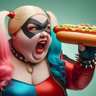 dressed as harley quinn holding a hot dog