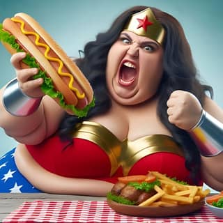 dressed as wonder woman holding a hot dog