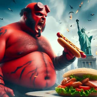 Hellboy sedang makan hot dog di hadapan Patung Liberty.