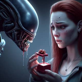 holding a gift box with an alien