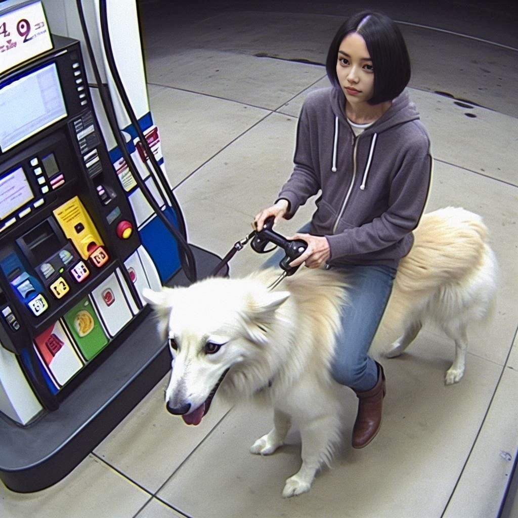 is riding a dog at a gas station