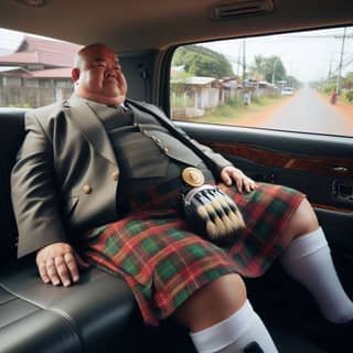 Một người đang ngồi ở ghế sau của một chiếc xe hơi mặc một chiếc váy kilt.