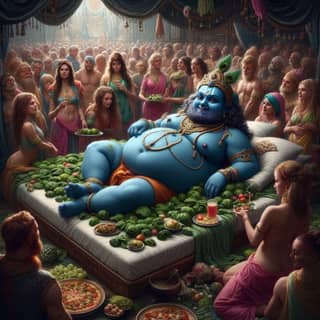 lord krishna in a bed surrounded by people