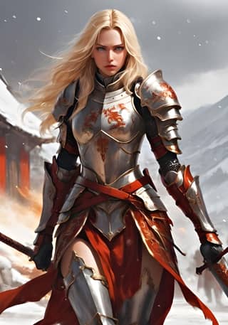 in armor holding a sword in the snow