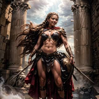 in armor standing in front of a ruined building