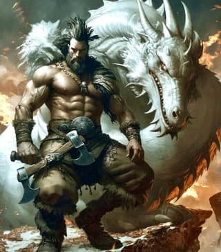 with a beard and a large white dragon