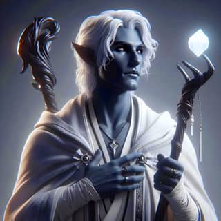 a blue elf with a staff and a crystal ball