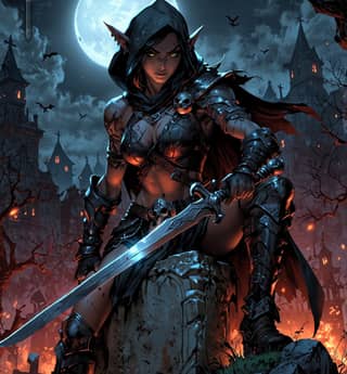 Una elfa con una espada está de pie frente a una luna llena.