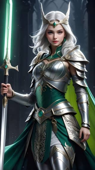 Una guerriera in armatura verde che tiene una spada.