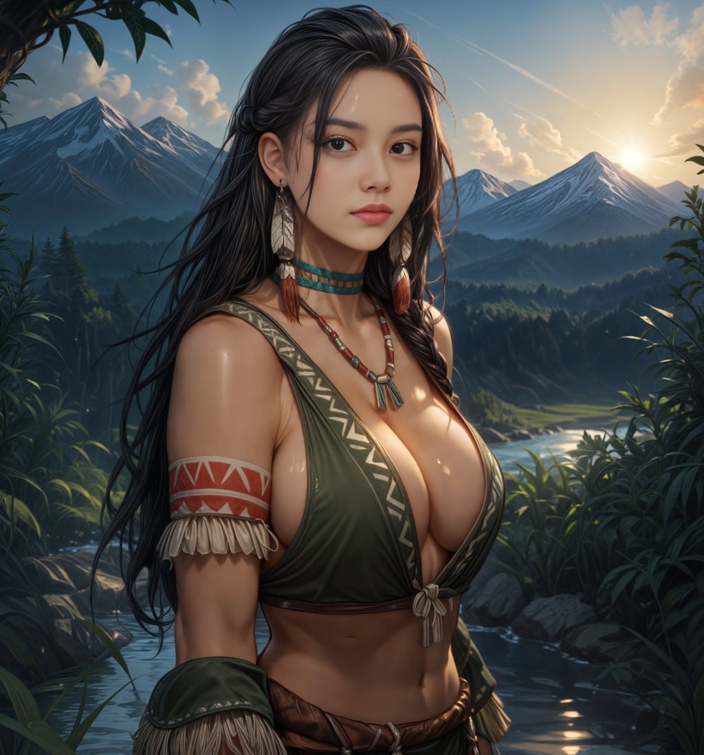 in a native outfit standing in front of a river