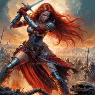with red hair and armor holding a sword