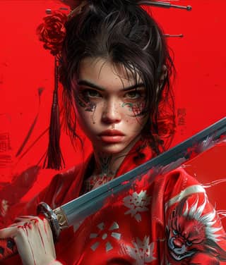 in a red kimono holding a sword