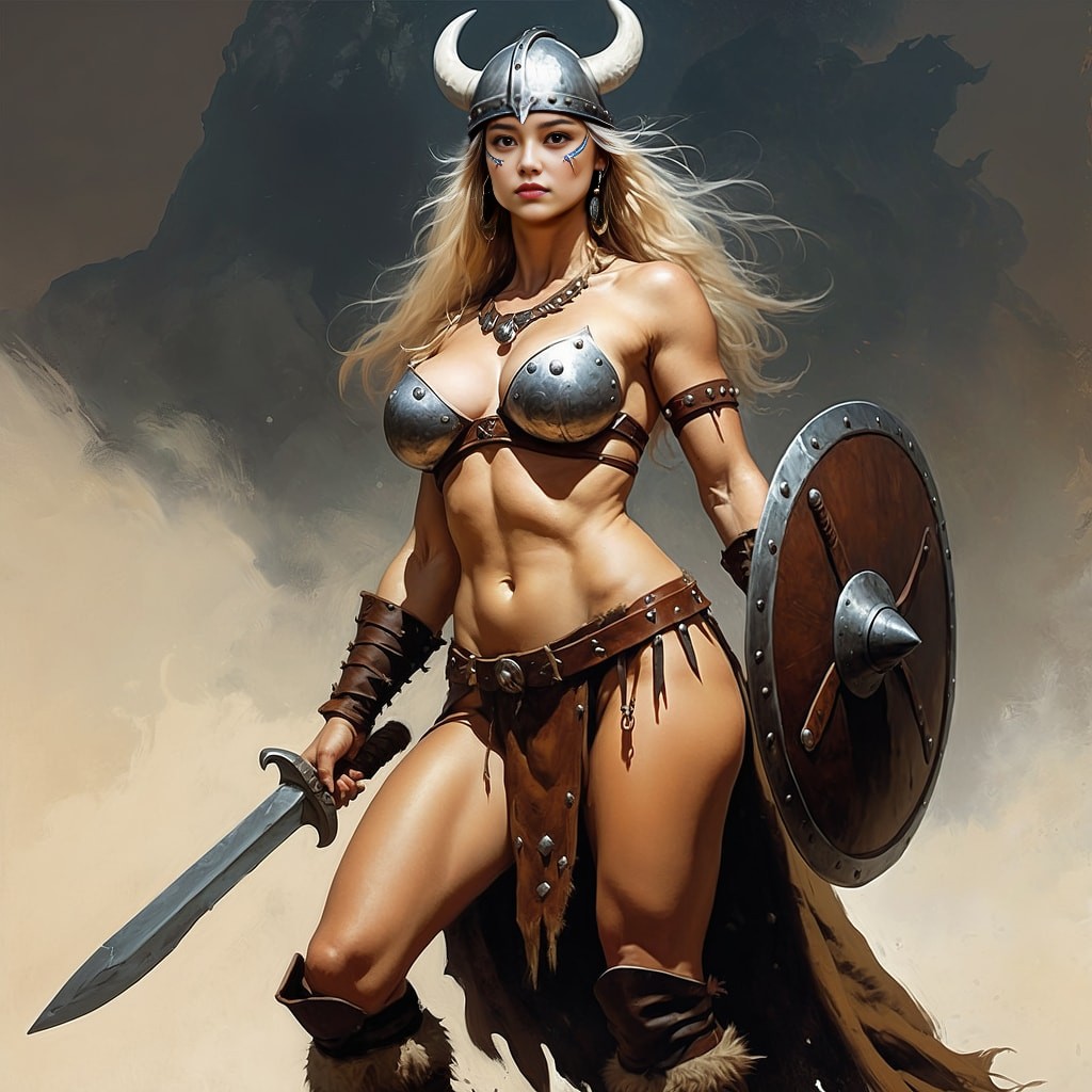 Una sexy donna vichinga armata di spada e scudo.