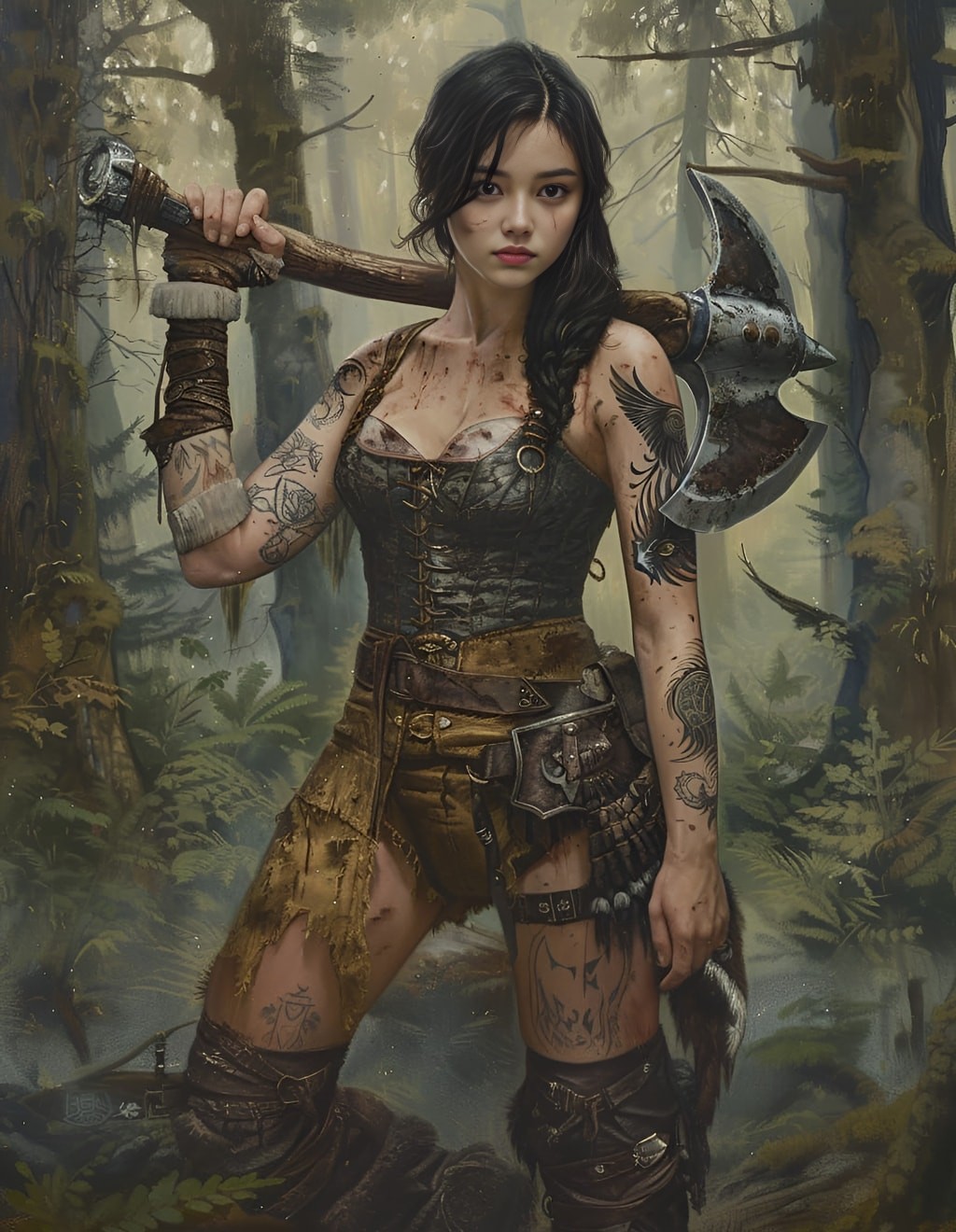 with tattoos and a axe in the woods